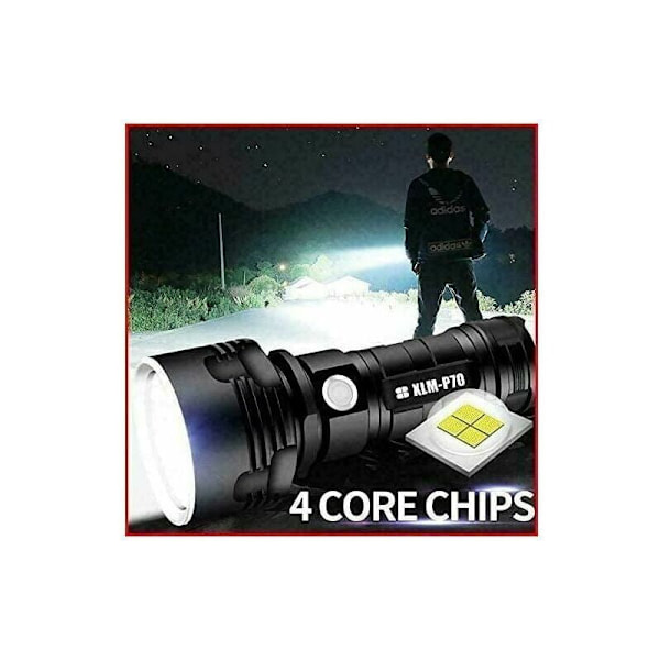 P70 ficklampa, 3000 lumen hög effekt LED ultra ljus vattentät ficklampa, Mest kraftfull XLM-P70 50W ficklampa med 3 lägen (Enkelbatteri, 50