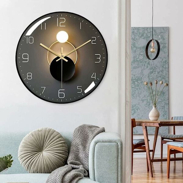 Modern tyst väggklocka, 30 cm diameter väggklocka, rund digital kvarts väggklocka, lämplig för vardagsrum, kontor, sovrum, kök (svart)