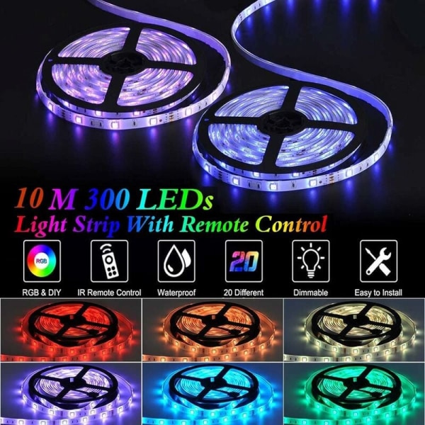 10M LED-stripe, LED Soverom RGB LED-stripe Lysstripe LED-stripe for Soverom 300 LEDer 5050 RGB IP65 Vanntett 44-knappers fjernkontroll (10m)