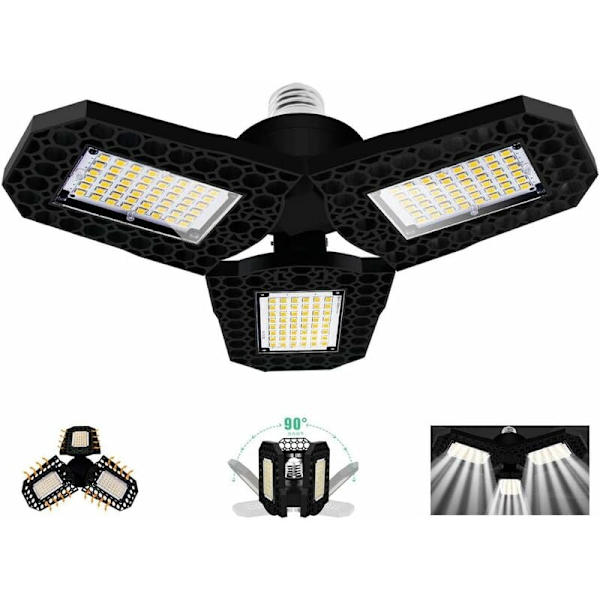 40W LED garasjelys, E27 deformerbar taklampe med 3 justerbare paneler, kald hvit, for garasje verksted lager kjeller korridor stadion