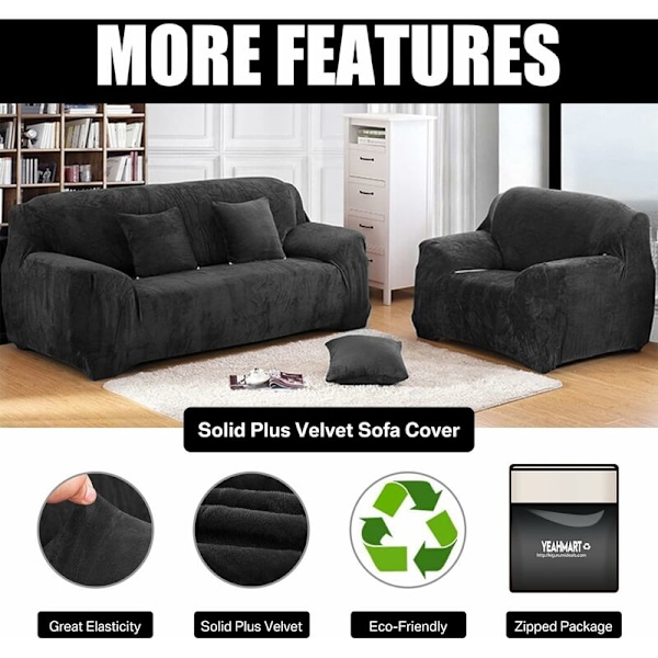 Tjocka Soffaöverdrag 1/2/3/4 Sitsplatser Enfärgad Soffa Skydd Sammet Enkel Passform Elastisk Stretch Soffa Överdrag (Svart, 2 Sitsplatser 145-185cm)-DENUOTOP