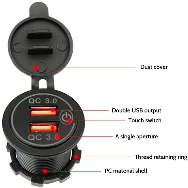 Hurtiglader 3.0 Dobbel USB Billader Socket Vanntett 12V/24V QC3.0 Lader Socket Strømuttak med Berøring Bryter C