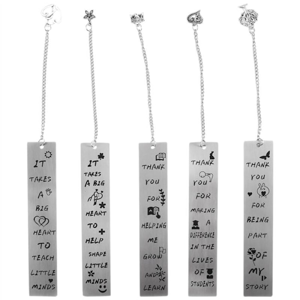 5Pcs Series Metal Teacher Teachers Appreciation Present with Classic Bookmark Pendants (Silver)