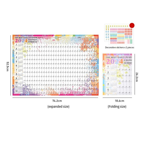 3 st 2024-kalender - Väggkalender 2024, 365 dagars affisch Vikbar kalender för skola, hemmakontor 29,2 x 20,7 tum