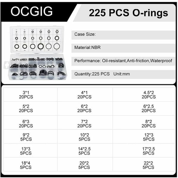 225 st O-ringar sortiment - 18 olika storlekar - 3-22mm