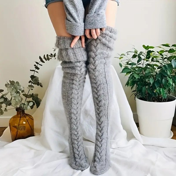 Termisk strikkede knæstrømper høje sokker lårhøje sokker grey