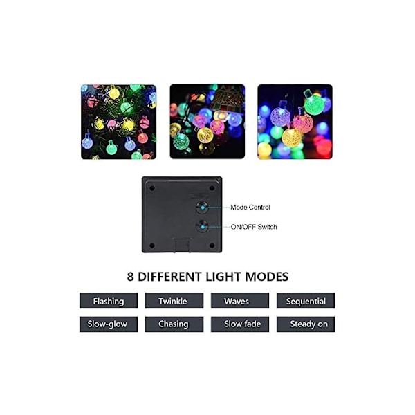 Udendørs Solcellelysstreng, 30 Smukke LED-Bobler 6,5 m - 8 Tilstande, Vandafvisende Dekoration til Udendørs, Bryllup, Hjem, Have, Terrasse, Fest (Multi)