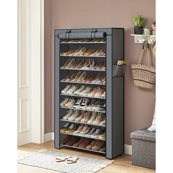 10-trins Fabric Sko Stativ, Opbevaringskab 28 x 88 x 160 cm, med Beskyttelsesdæksel, til Sportsko, Højhæle, Tøfler, Metalramme, Grå HIASDFL