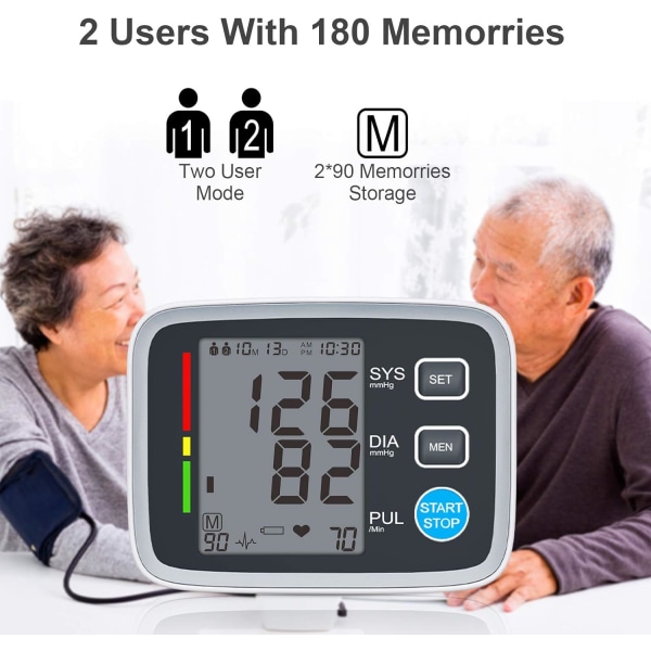 Nøjagtig blodtryksmåler - Justerbar blodtryksmanchet - Med hjemmeautomatisk overarm digital maskine - 180 sæt hukommelse inklusive batteri