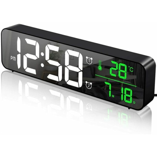 Digital Alarm Clock, Wall Clock Morning Alarm Clock LED Digital Large Screen Mirror with Temperature Date, 2 Alarm, 40 Music, 6 Dimmable Brightness,