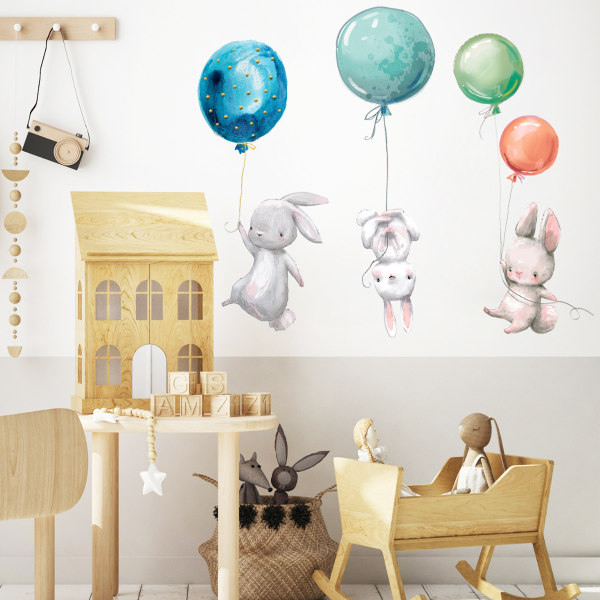 Fargerik ballongflyvende dyr veggdekor Avtagbar skrell og pinne tegneserie søte dyr veggdekor for soverom stuen (kanin)