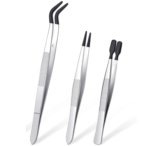 3 Pieces of Tweezers with Rubber Tips PVC Coated Tweezers Set, Black Rubber Straight and Flat Tweezers