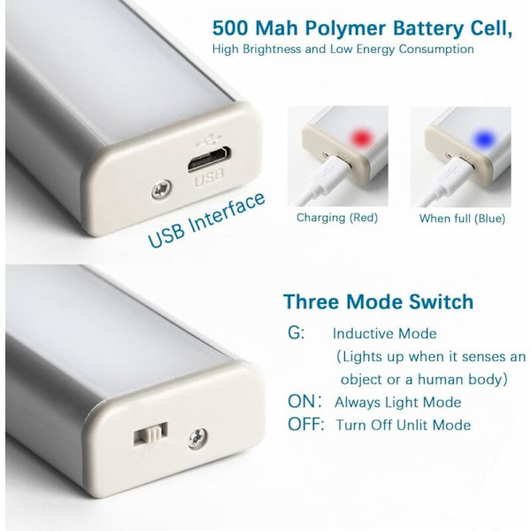 Sæt af 3 10 LED-lamper, trådløse, USB-opladelige, magnetiske, bevægelsessensor, 2 lystilstande, bærbare. Skabslys, nødsituationspålideligt lys