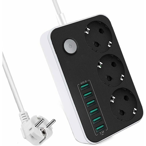 Strømbrett med 6 USB-uttak, 3 rom, 2500W 17W 5V 3.4A 1.6M kabel, med bryterkontakt beskyttet mot overbelastning
