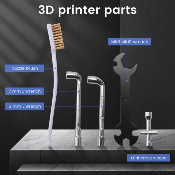 5 kpl 3D-tulostimen osia Avaimen + Mini-hylsy + Suutinharja + 6mm 7mm L-avain työkaluille 3