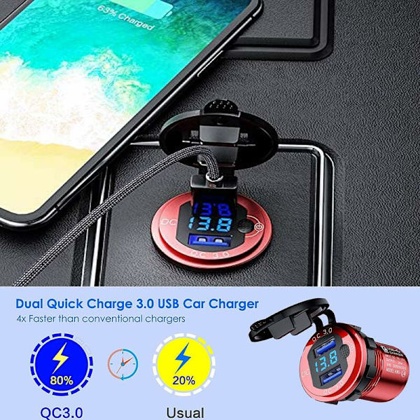 USB-billaddare för bil Snabbladdning QC 3.0 Dubbla Portar Vattentät Adapter Snabbladdning 36W med LED Digital Voltmeter för 9V - 32V Båt Motorcykel ATV Buss T