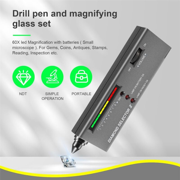Diamanttester Pen, Høj Præcision Diamanttester til + 60X Mini LED Lup, Professionel Diamantvælger