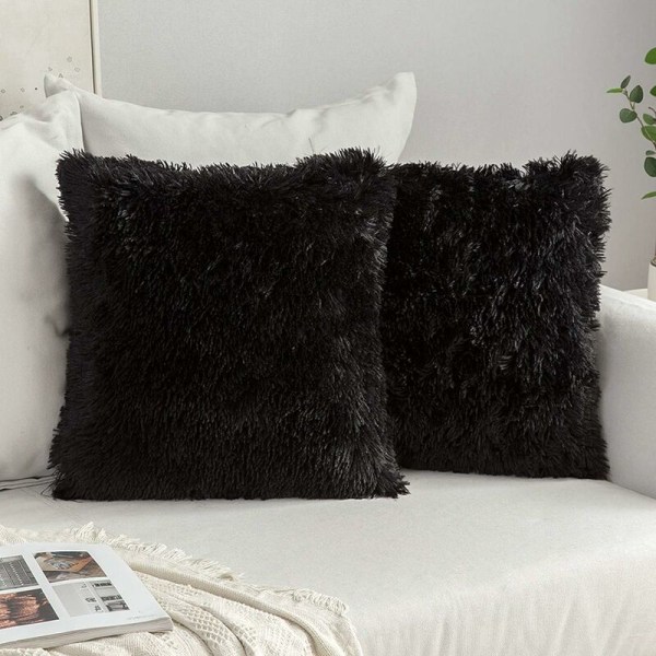 2 artificial fur pillowcases, black-