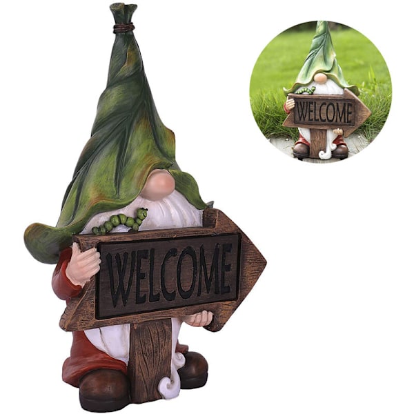 Muse Resin Garden Figurine - Joulupukki Tomte pitkällä parralla ja renkailla, LED-valoilla, juhlallinen ulkokoriste terassille, puutarhaan ja jouluun