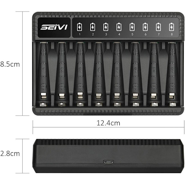 8-Bays AA AAA Batterilader (Hurtig USB-opladning) til Ni-MH-genopladelige batterier