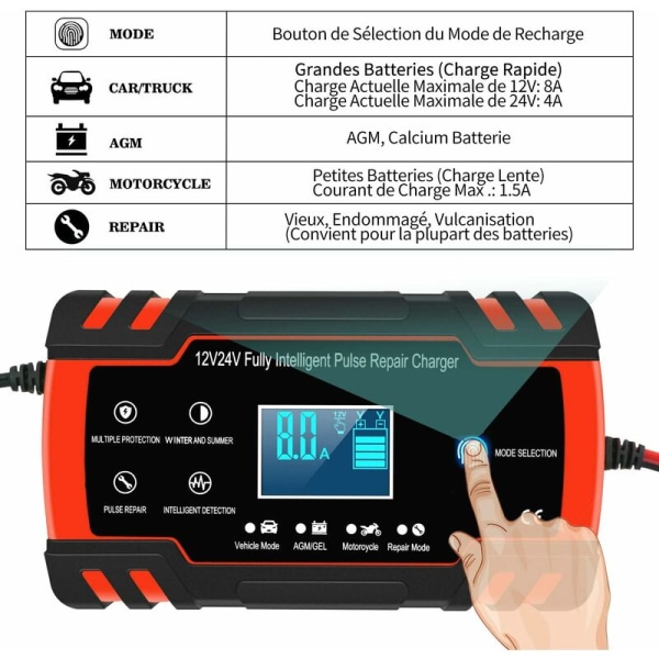 Intelligent bil- og motorcykelbatterioplader 8A 12V/24V, bilbatterioplader vedligeholdelsesenhed, 3-trins batterioplader og automatisk reparationsfunktion Tr