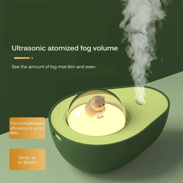 Mini Natthlumidifier, 210ml Avokado-formad Kalla Dimma Liten Tyst Atomiseringsfuktare med Söt Kattdesign för Babyrum