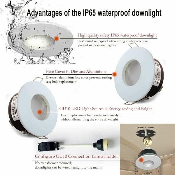 4 kpl IP65 vedenkestäviä LED-upotettavia spottivaloja, 5W 3000K lämmin valkoinen upotettava spottivalo kylpyhuoneeseen ja keittiöön upotettava kattovalaistus, leikkaus 68mm