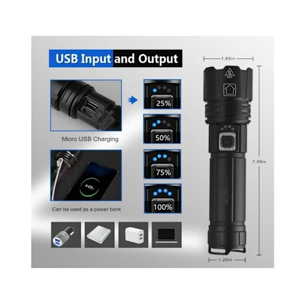 Super Lysende P70 LED Lommelygter 30000100000 Lumen, XHP70.2 Genopladelig LED Lommelygte, Taktisk Lommelygte med Holster, IP67 Vandafvisende Kraftfuld Fla