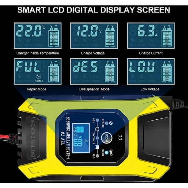 7A/12V älykäs akkulaturi kannettava nopea moottoripyörän laturi LCD-näytöllä suojauskorjaustila autoon moottoripyörään automaattinen keltainen