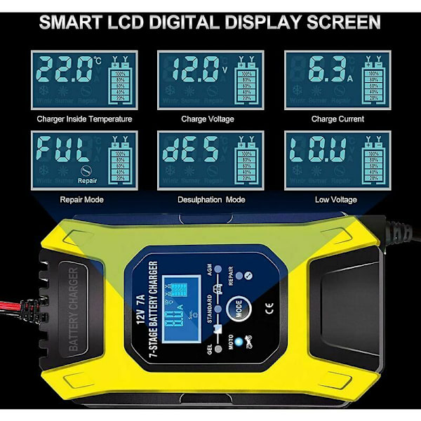 7A/12V Smart Batterilader Bærbar Hurtig Motorcykel Lader med LCD Display Beskyttelse Reparationstilstand til Bil Motorcykel Auto Gul