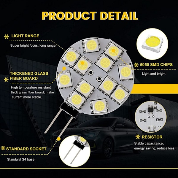 12 st G4 LED-lampor Runda sidostyftbas G4 5050 12SMD LED RV-ljus Hemläslampa, Vit
