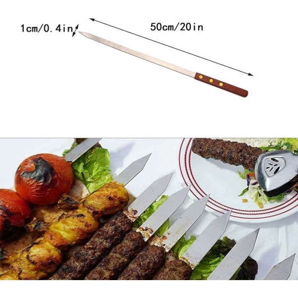 10 stk grillspyd i rustfritt stål, 50 cm grillspyd, med gjenbrukbar håndtak i rustfritt stål, grilltilbehør