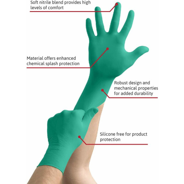 Kertakäyttöiset nitriilikäsineet, puuterittomat, korkea kemiallinen ja mekaaninen suoja, elintarvikekontakti, teollisuusturvallisuus, lateksittomat, vihreät, koko M (100 kpl)