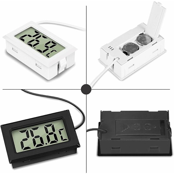Mini digitalt LCD-termometer med temperaturføler-sensor-tester til køleskabe, frysere, akvarier (2x sort, 2x hvid)