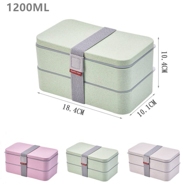 1200 ml Lunchbox i Vetehalm med Dubbla Fack, Sked, Hälsosamt Material, Bentoboxar, Mikrovågsugnssäker Matförvaringsbehållare, Beige