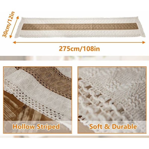 Bomuld Linned Makramé Bordløber Burlap Bordløber med Kvaster til Spisestue Borddekoration Hjem Fest Bryllup Bohemian Jul, 30 x 275