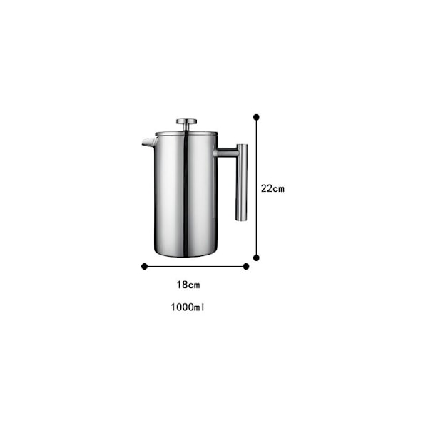 Rostfritt Stål French Press 1 Liter (5 Koppar) Dubbelväggig Isolerad Termos Kaffebryggare Kaffepress med Ersättningsfilter och Instruktioner