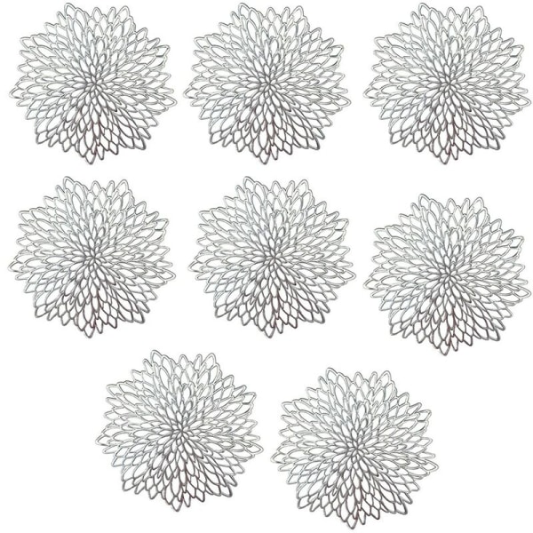 Hibiskusunderlägg, runda underlägg, för bröllopsunderlägg köksdekoration (Silver, 8-pack)