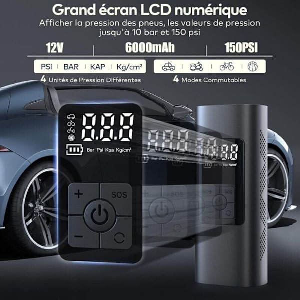 6000mAh Mini Elektrisk Luftpumpe, Bærbar Luftkompressor Trådløs Dekkoppblåsning 150PSI med Digital LCD-skjerm, Elektrisk Sykkelpumpe med LED-lampe for