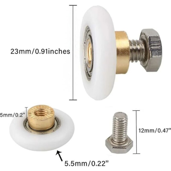 4 stk dusjdørhjul, erstatningshjul for dusjdør, erstatningshjul for rillet dusjdør med skruer Diameter 23 mm