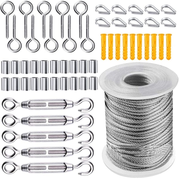 50m Trådreb Kit, Have Spændeapparat Stålwire, Rustfrit Stål Hængende Reb Kit, Nylonbelagt Rustfrit Stål Reb til Tøjstativ Teltreb, 56
