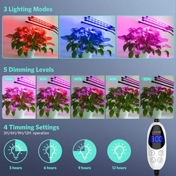Kasvilamppu, 80 LED:n puutarhavalaisin, täyspektrinen kasvuvalo, ajastimella, 3 väritilaa, 6 valotehoa, bonsain puutarhanhoitoon, 4 päätä, 80W