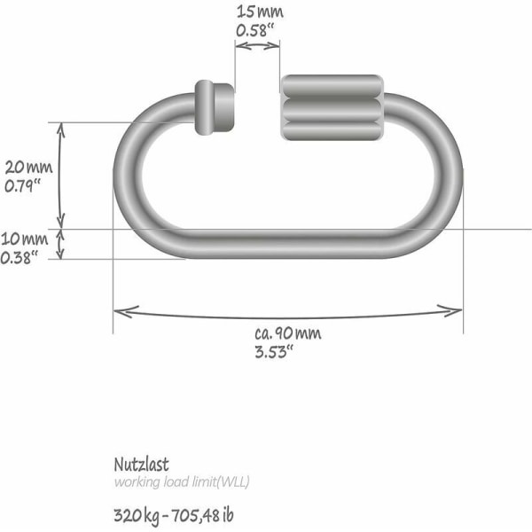 2x ruuviliitin - hätäketjusilmukka 10 mm - karabiini ruuvilukolla - karabiinimateriaali - liitin - ruostumaton teräs 304 (2 kpl - 10 x