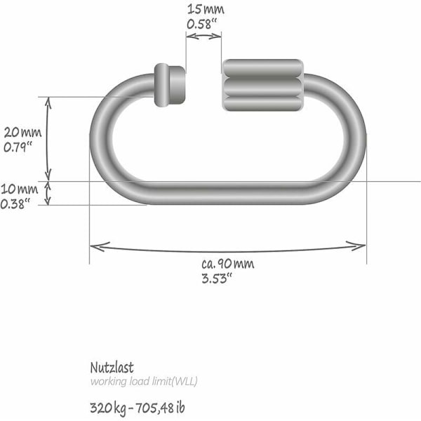 2x skruekobling - nødkjedeledd 10 mm - karabinkrok med skrulås - karabinkrokmateriale - kobling - rustfritt stål 304 (2 stk. - 10 x