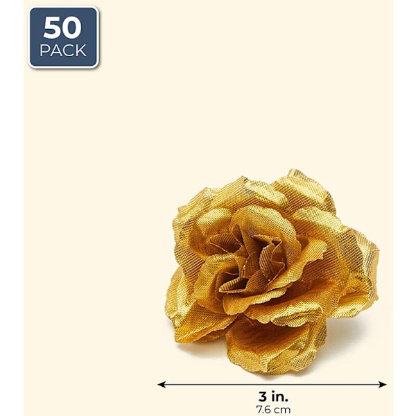 Konstgjorda sidenblommor blomhuvuden, 50 stycken för hattkläder albumdekoration, bröllopsdekoration (guld)