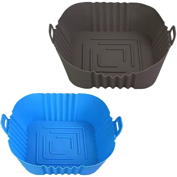 Silicone Pot for Air Fryer, Reusable Air Fryer Liners 8.5 Inch, Square Air Fryer Accessories, Silicone (Grey + Blue)