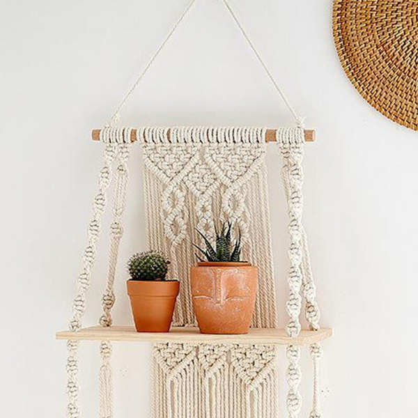 Boho Macrame Vägghängande Hylla 3 Tier Handgjord Vävd Trä Organizer Hyllor Vägg Flytande Växt Hängare för Heminredning