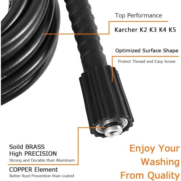 Ersättningskit för högtryckstvättsslang, gängad slangförlängning kompatibel med M22-typ snabbkopplingssats och C-klämma för Karcher K2 K3 K4 K5 (10M)