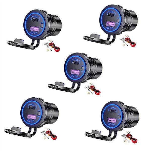 5X USB PD Type C och QC 3.0 Billaddare 12V Uttag med På/Av-knapp