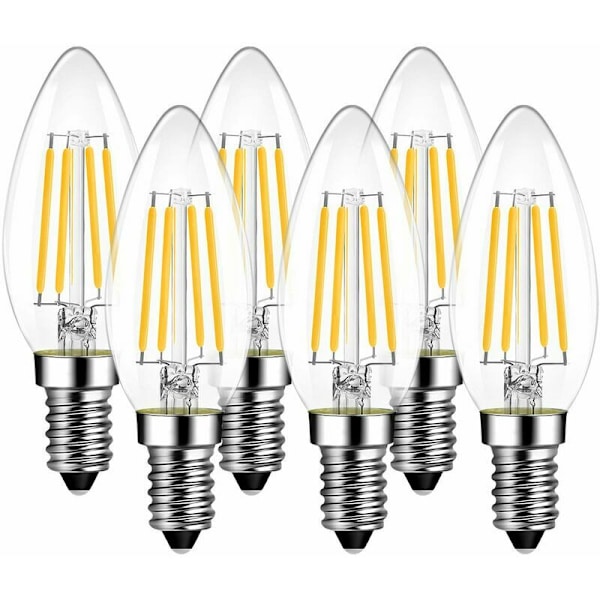 Sett med 6 E14 LED-lys for lysekroner, E14 filament Retrofit Classic, 4W 470 lumen erstatter 40 watt, 6500K kald hvit, glødelampe, glass